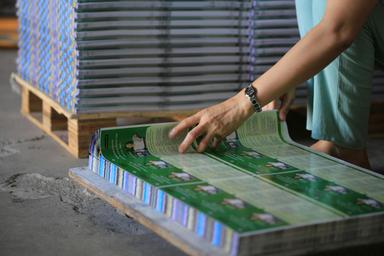 Close-up of hands examining green printed materials with stacks of paper visible in the background.